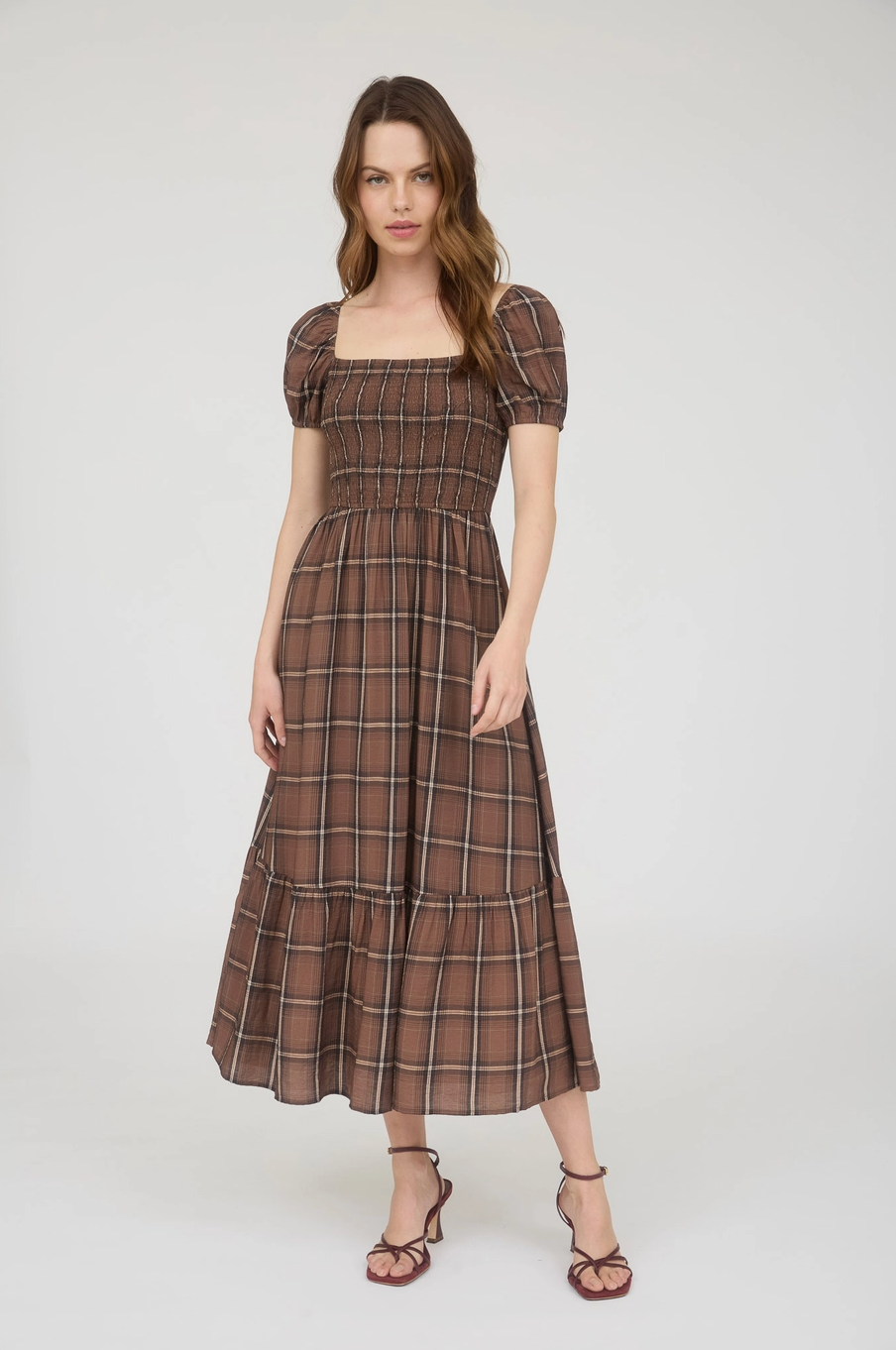 Plaid Smocked Puff Sleeve Ruffle Hem Midi Dress|1403
