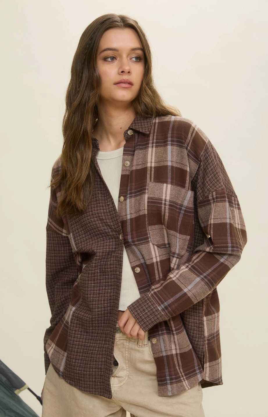 Colorblock Plaid Long Sleeve Button Down Shirt|1516