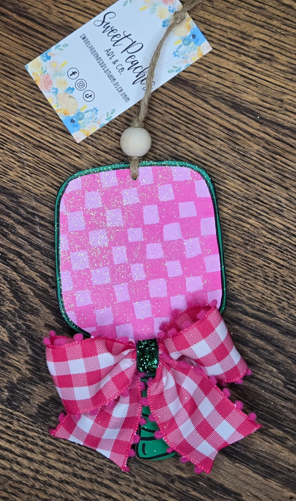Pink Plaid Pickleball Ornament|1429