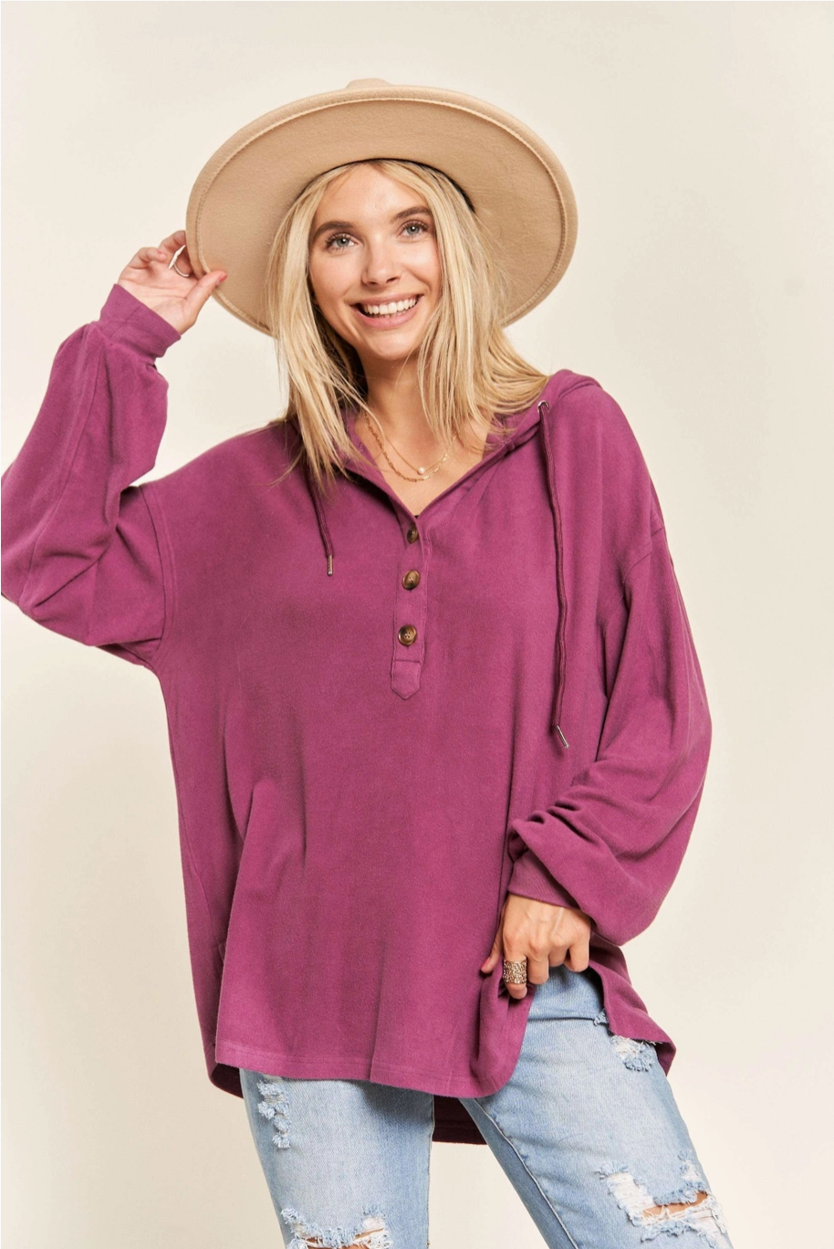Henley Hoodie Tunic Top|1414