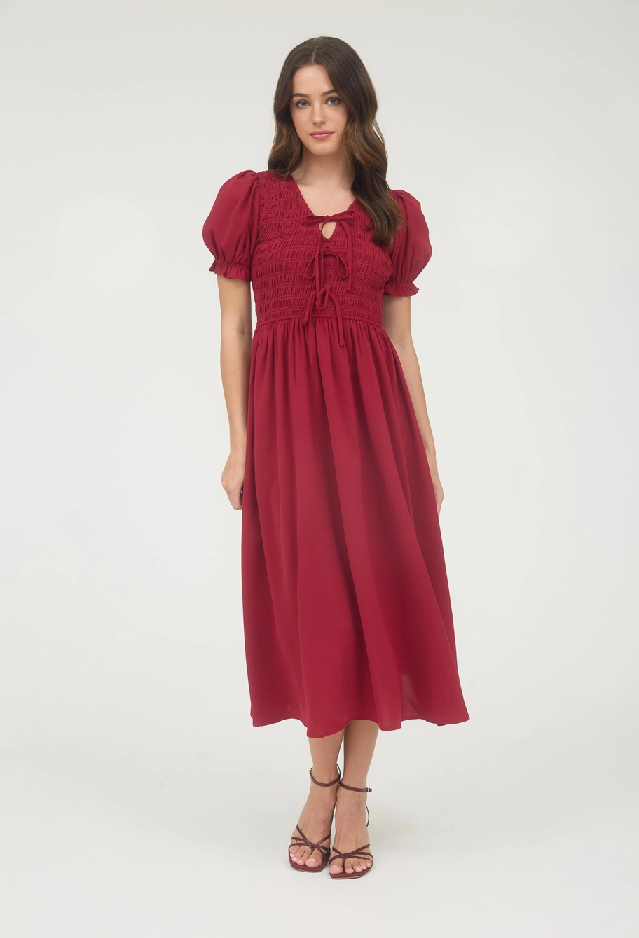 V Neck Front Tie Smocked Puff Sleeve Midi Dress|1405