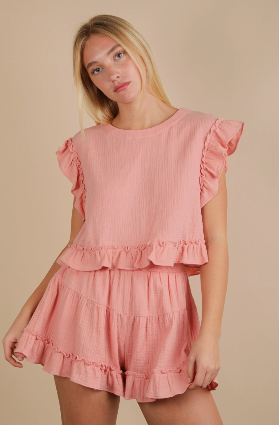 Ruffled Solid Woven Top & Shorts Set|631