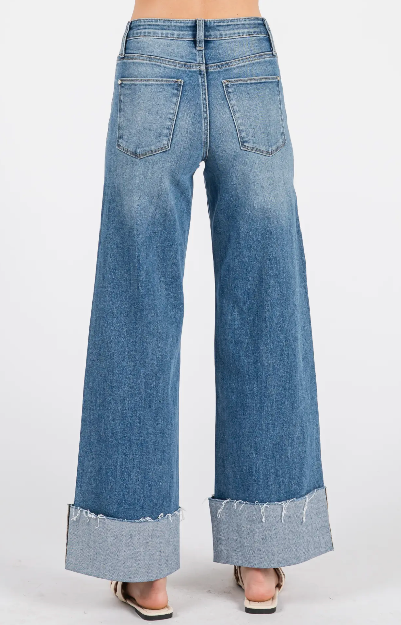 High Rise Stretch Wide Leg w/ Cuffed Hem Jeans|1678
