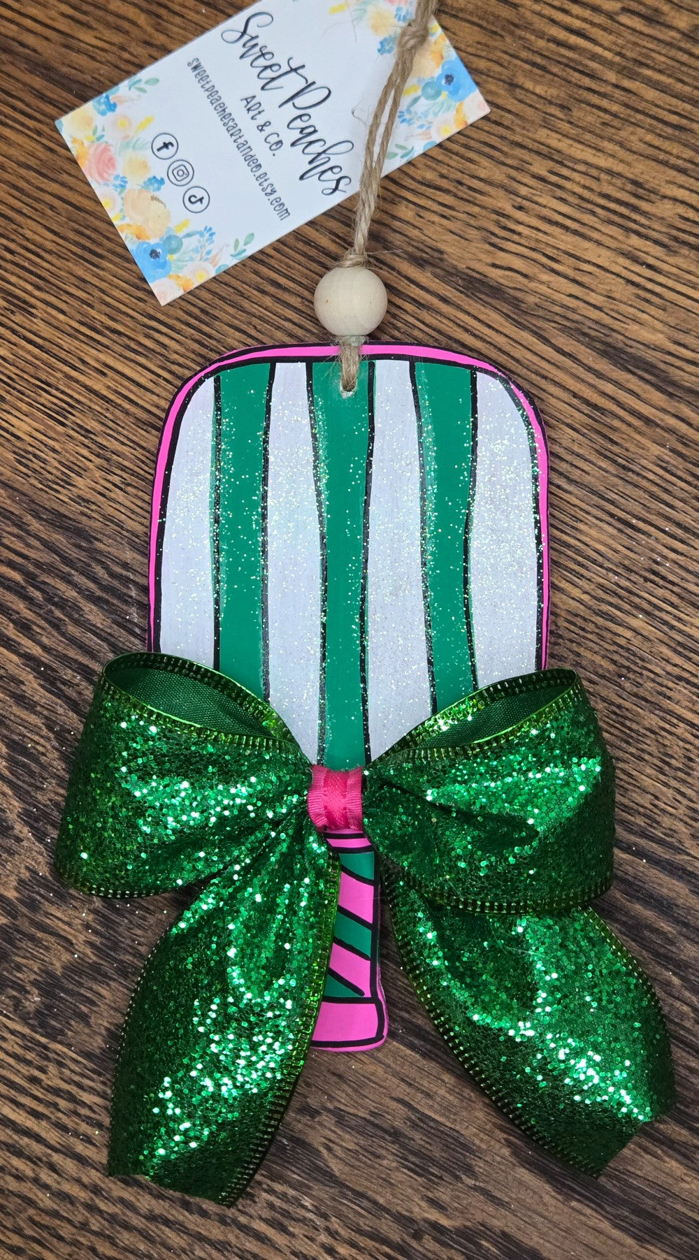 Pink and Green Stripe Pickleball Ornament|1430
