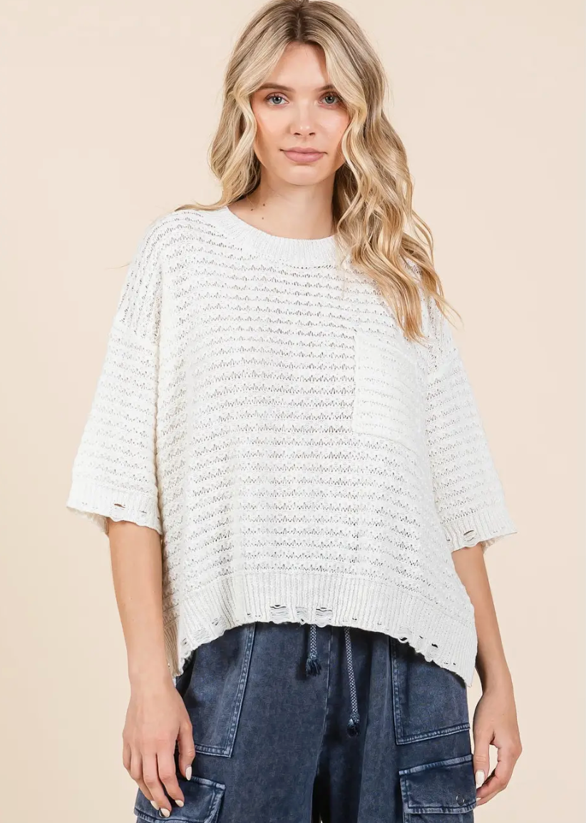 Distressed Hem Short Sleeve Loose Sweater Knit Top|1674