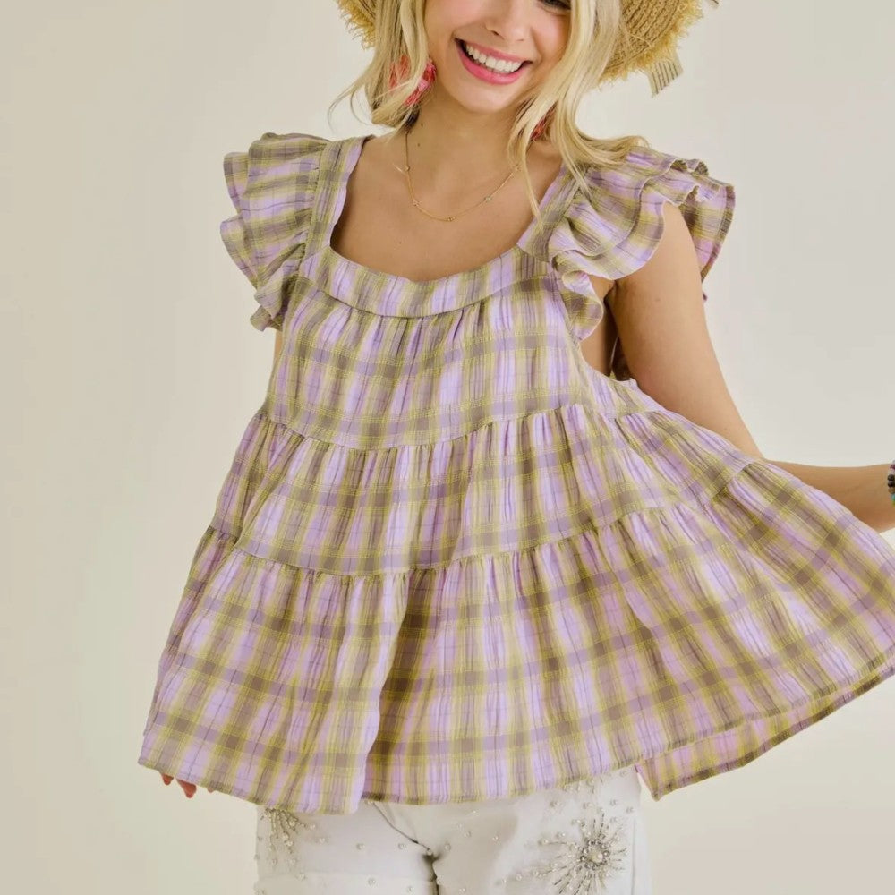 Lavender Ruffle Sleeve Babydoll Tunic Top|503