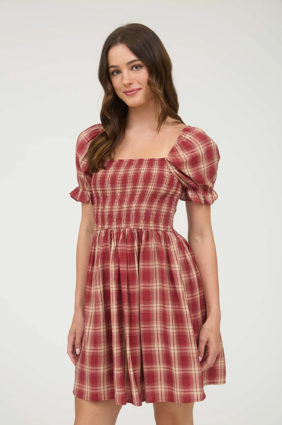 Plaid Smocked Puff Sleeve Midi Dress Burgundy|1402