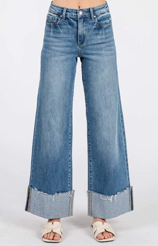 High Rise Stretch Wide Leg w/ Cuffed Hem Jeans|1677