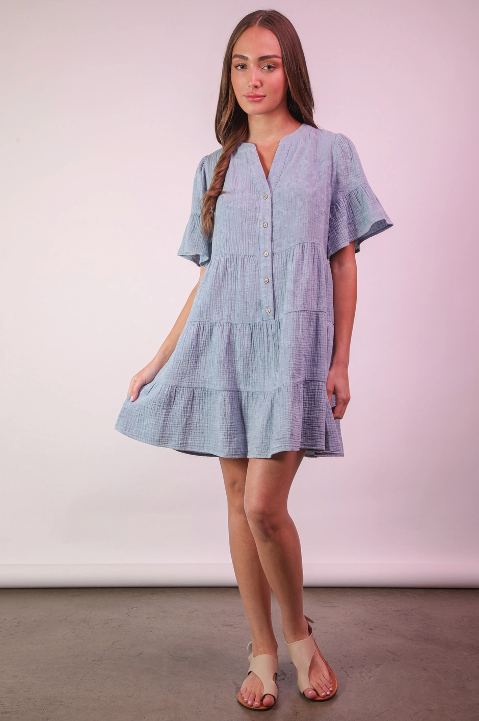 Mineral Washed Baby Bell Sleeve Woven Mini Dress|795