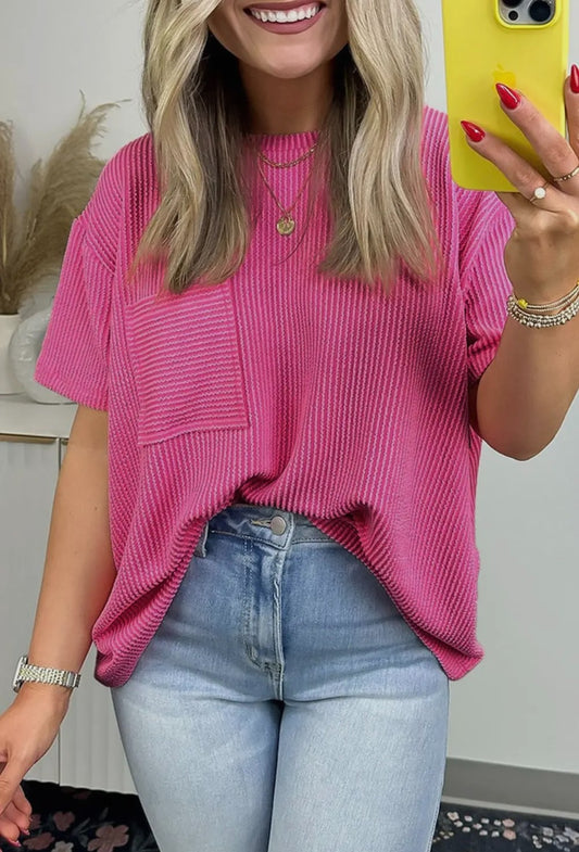 Corded Knit Pocketed T-Shirt - Pink|60