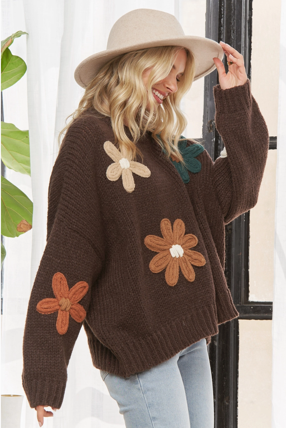 Drop Shoulder Floral Sweater Top|1418