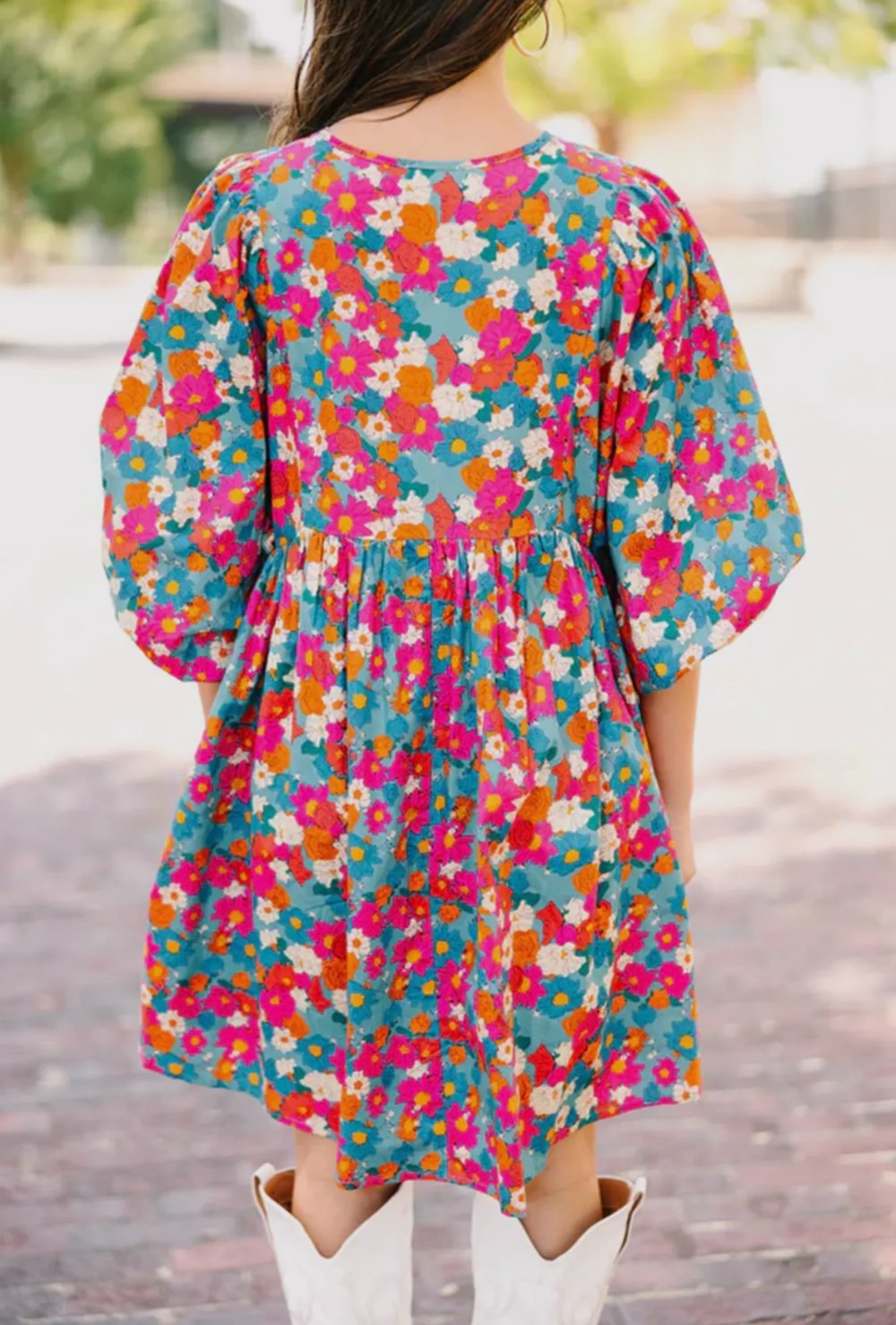 Floral Split Neck Babydoll Dress|65