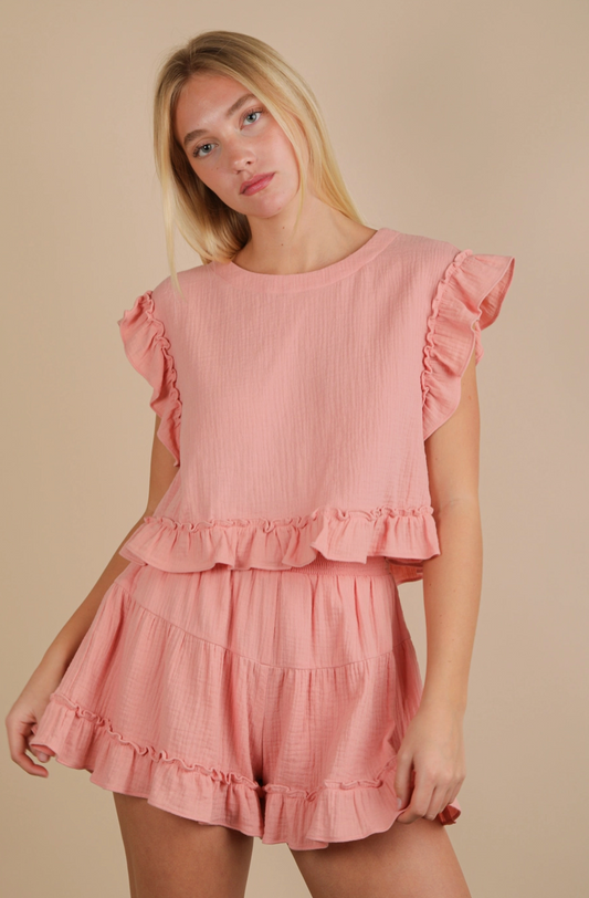 Ruffled Solid Woven Top & Shorts Set|631