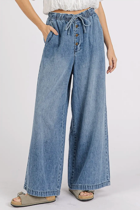 Washed Denim Elastic Button Fly Wide Leg Pants|1675