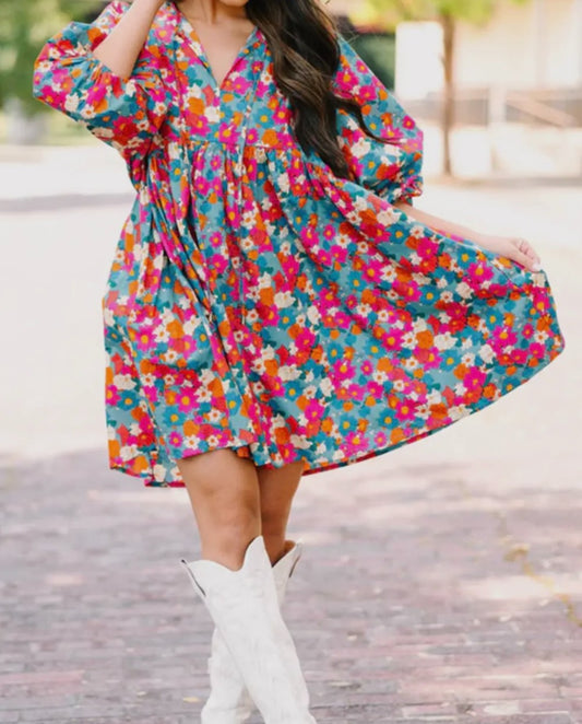 Floral Split Neck Babydoll Dress|67