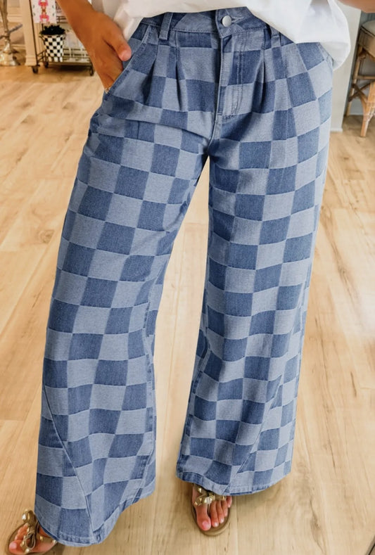 Checkered Denim Wide Leg Jeans|478