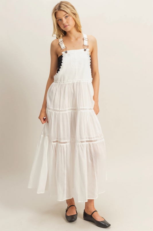 Off White Mixed Media Tiered Overall Maxi Dress|812