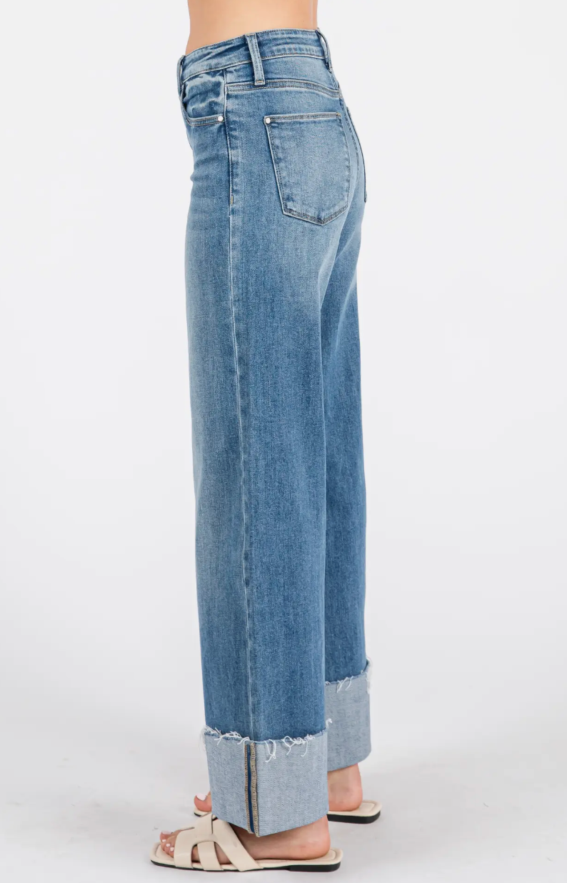 High Rise Stretch Wide Leg w/ Cuffed Hem Jeans|1679