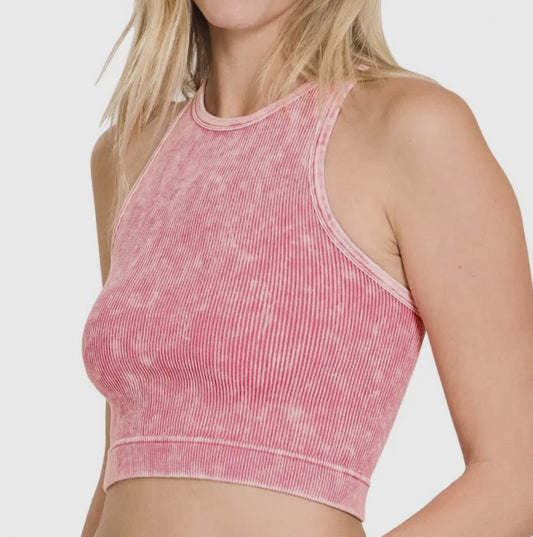 High-Neck Racerback Washed Crop Tank|404