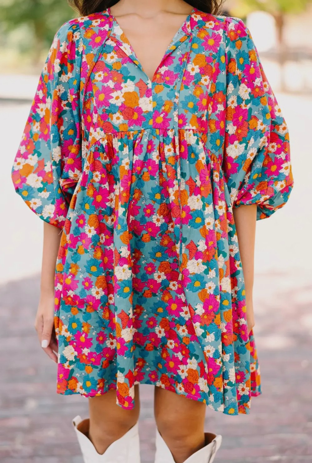 Floral Split Neck Babydoll Dress|66