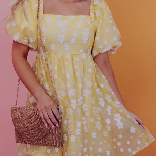 Yellow Boho Flower Jacquard Puff Sleeve Square Neck Mini Dress|477
