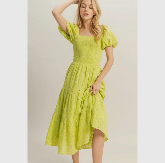 Puff Sleeve Fit and Flare Eyelet Dress|514