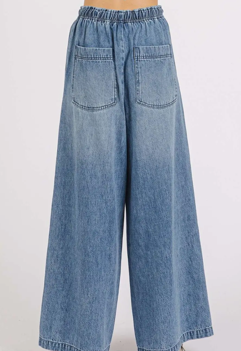 Washed Denim Elastic Button Fly Wide Leg Pants|1676
