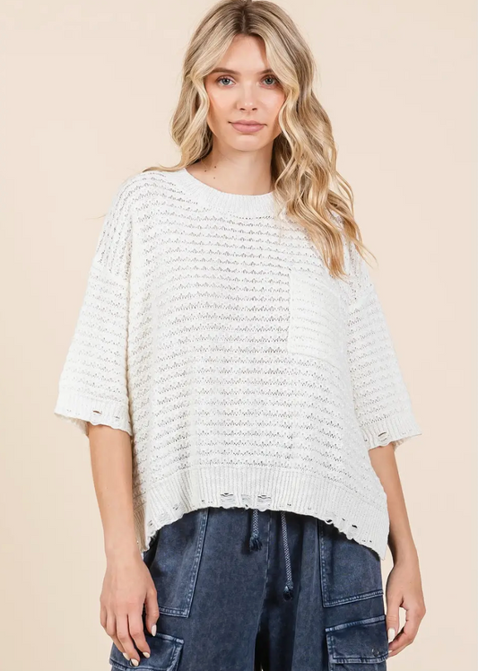 Distressed Hem Short Sleeve Loose Sweater Knit Top|1674