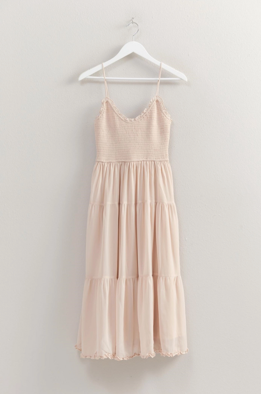 Chiffon Smocked Bodice Tiered Midi Dress|817