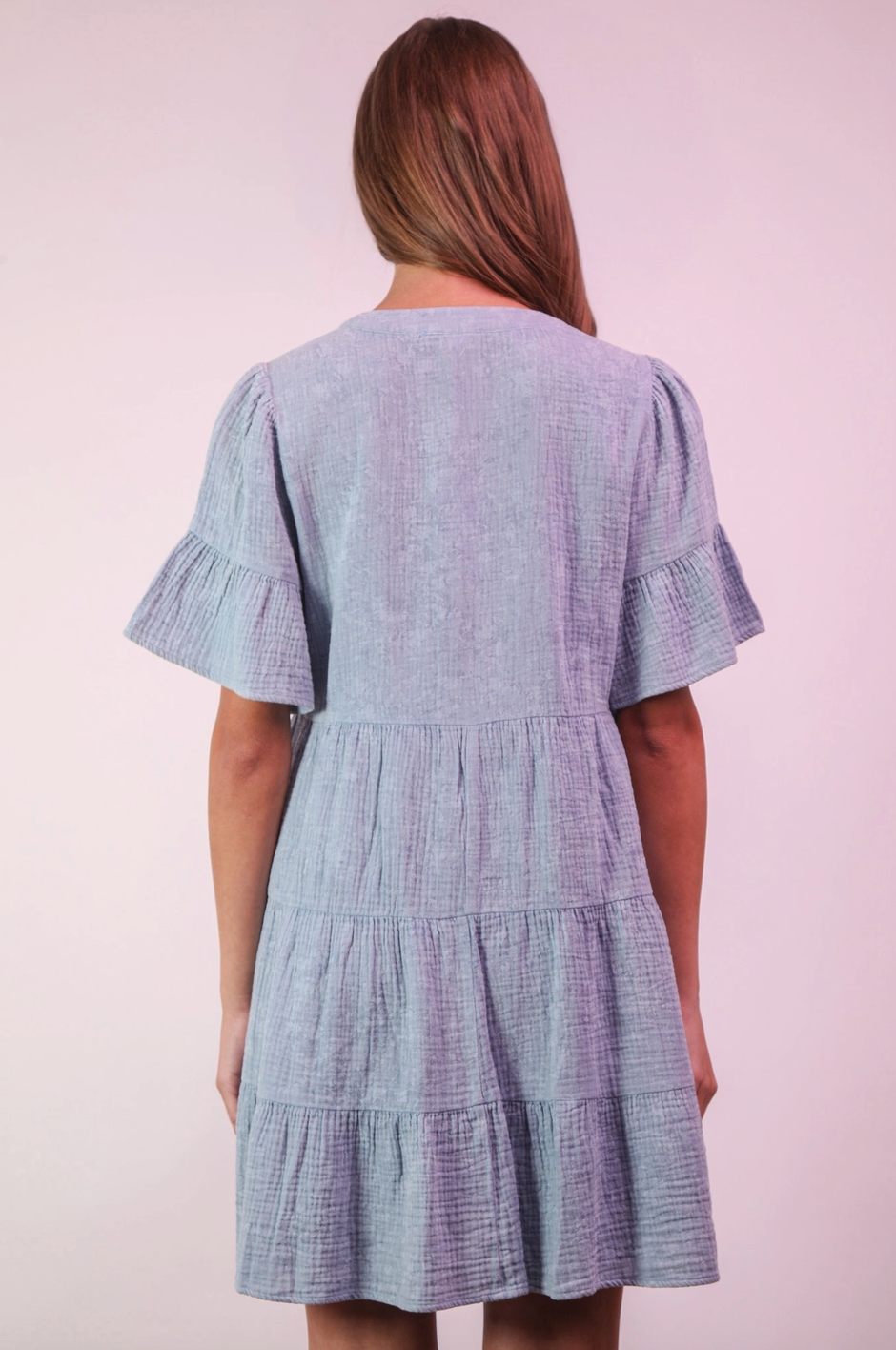 Mineral Washed Baby Bell Sleeve Woven Mini Dress|797