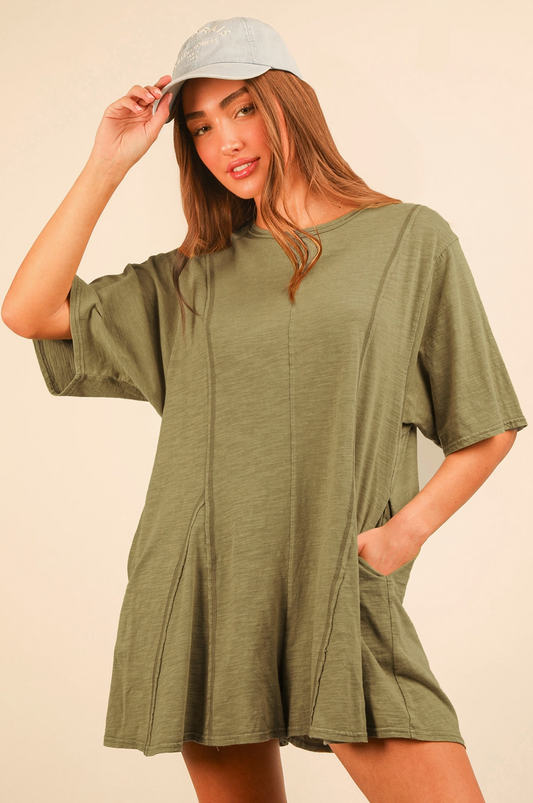 Mineral Washed Oversized Knit Romper | Sage|793