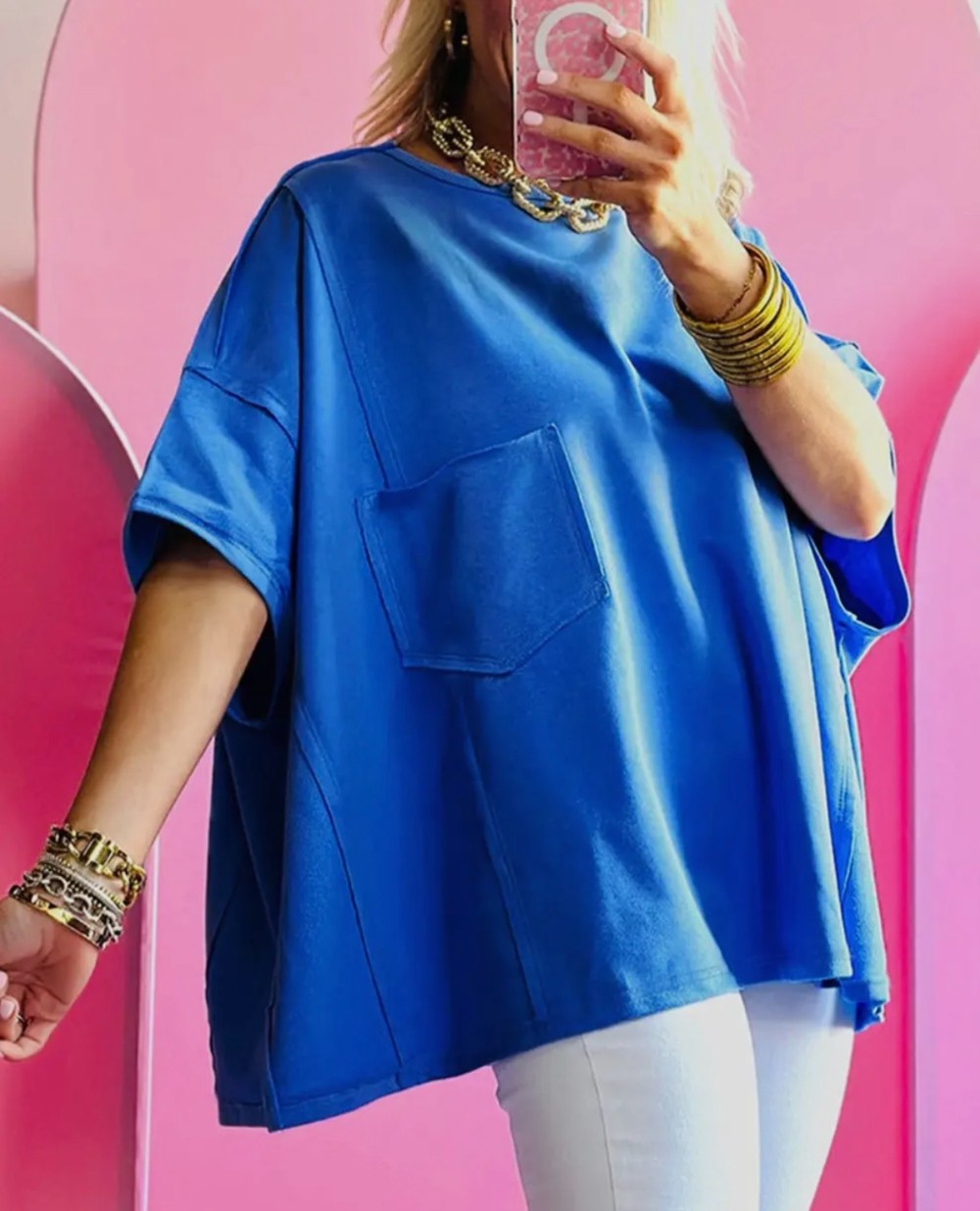 Reverse Seam Pocketed Oversized T-Shirt - Blue|79