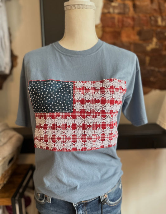 Blue American Flag floral lace tee|707