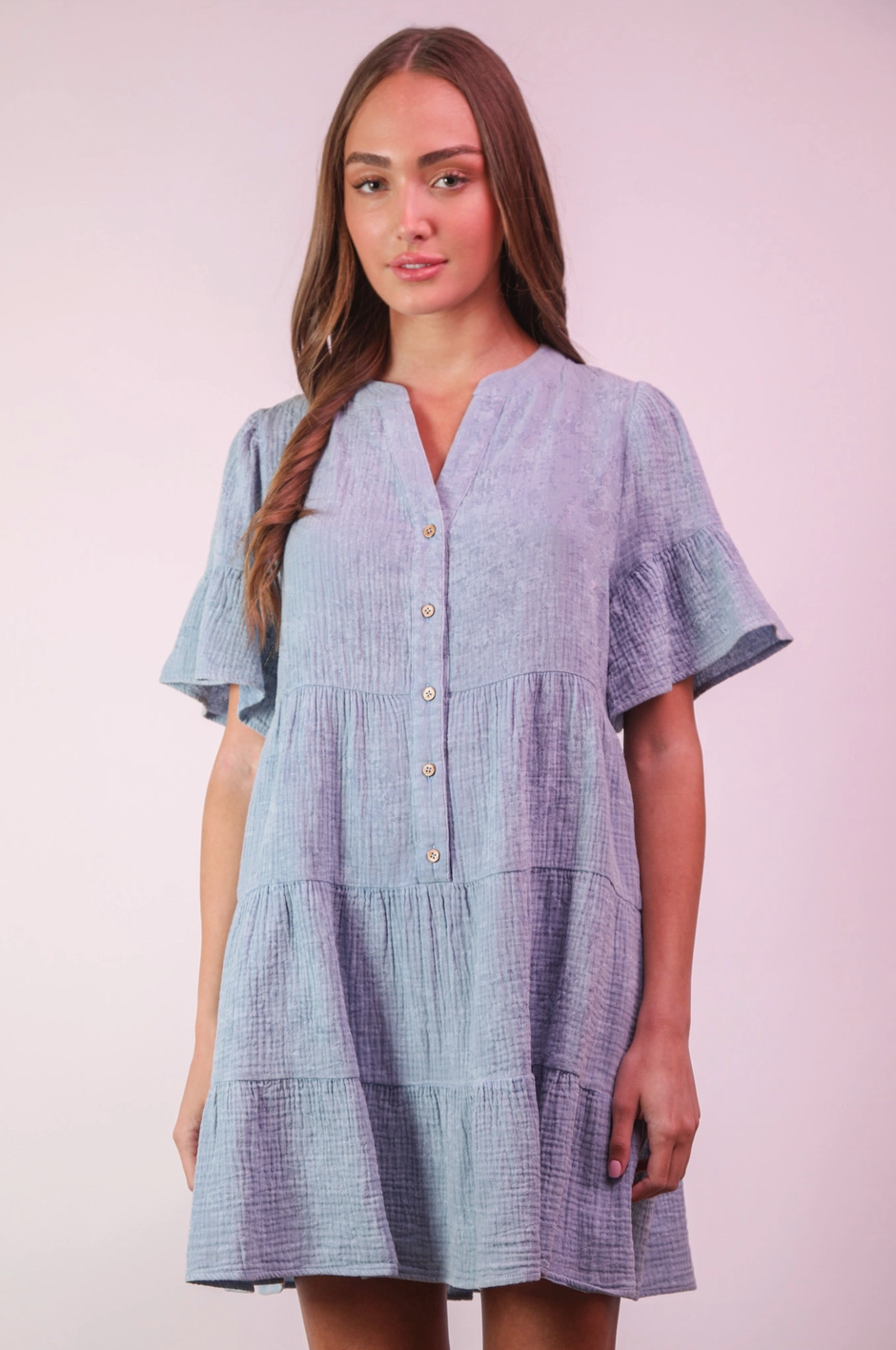 Mineral Washed Baby Bell Sleeve Woven Mini Dress|794
