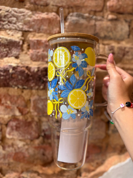 Blue Flowers & Lemons 40oz Glass Cup|1572