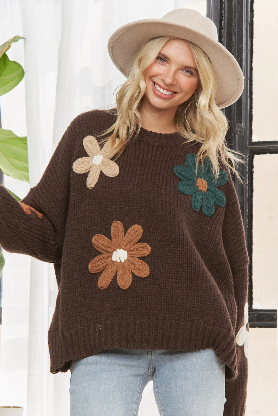 Drop Shoulder Floral Sweater Top|1417